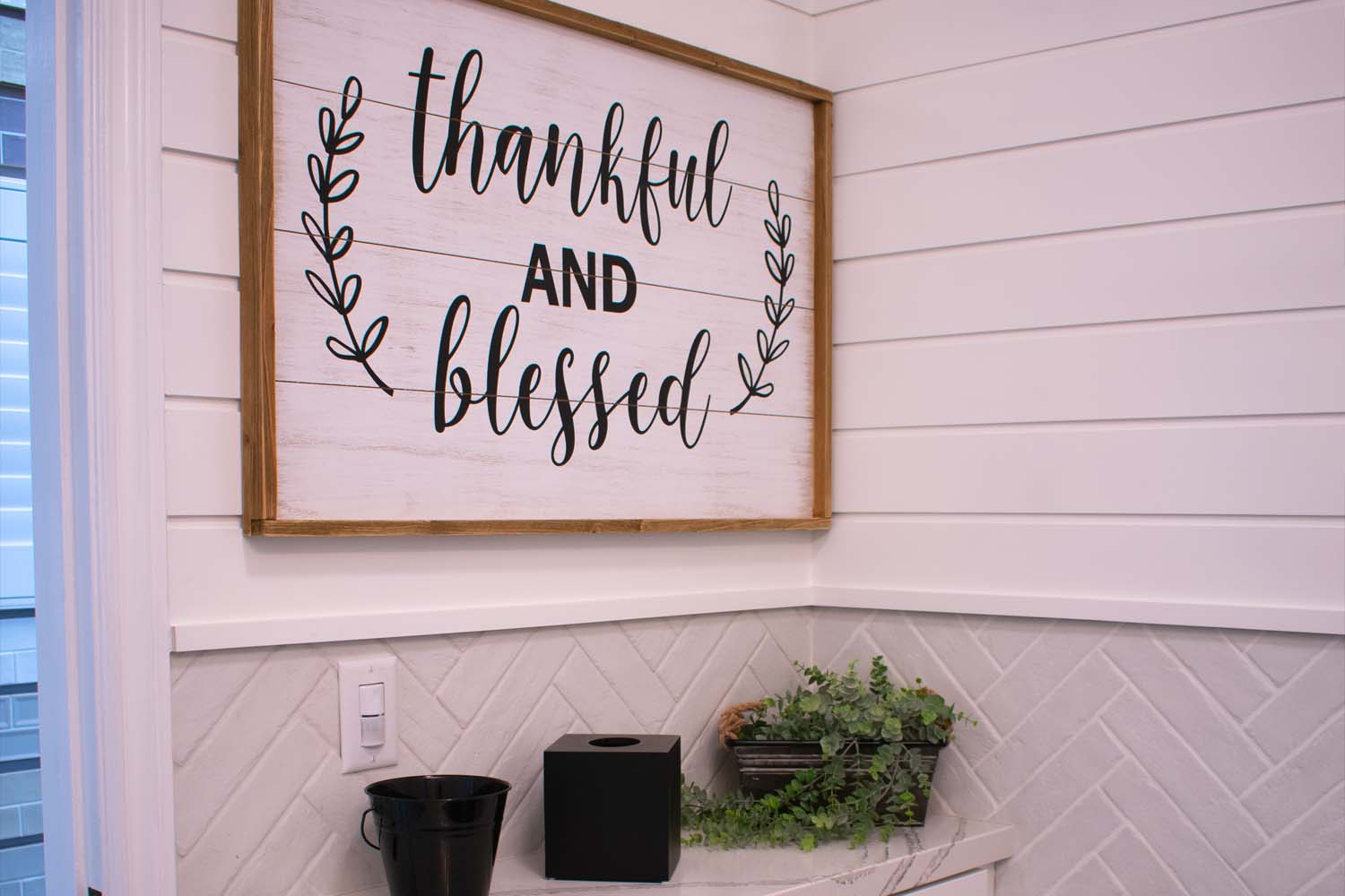 Capital Home Remodeling Center bathroom shiplap and herringbone